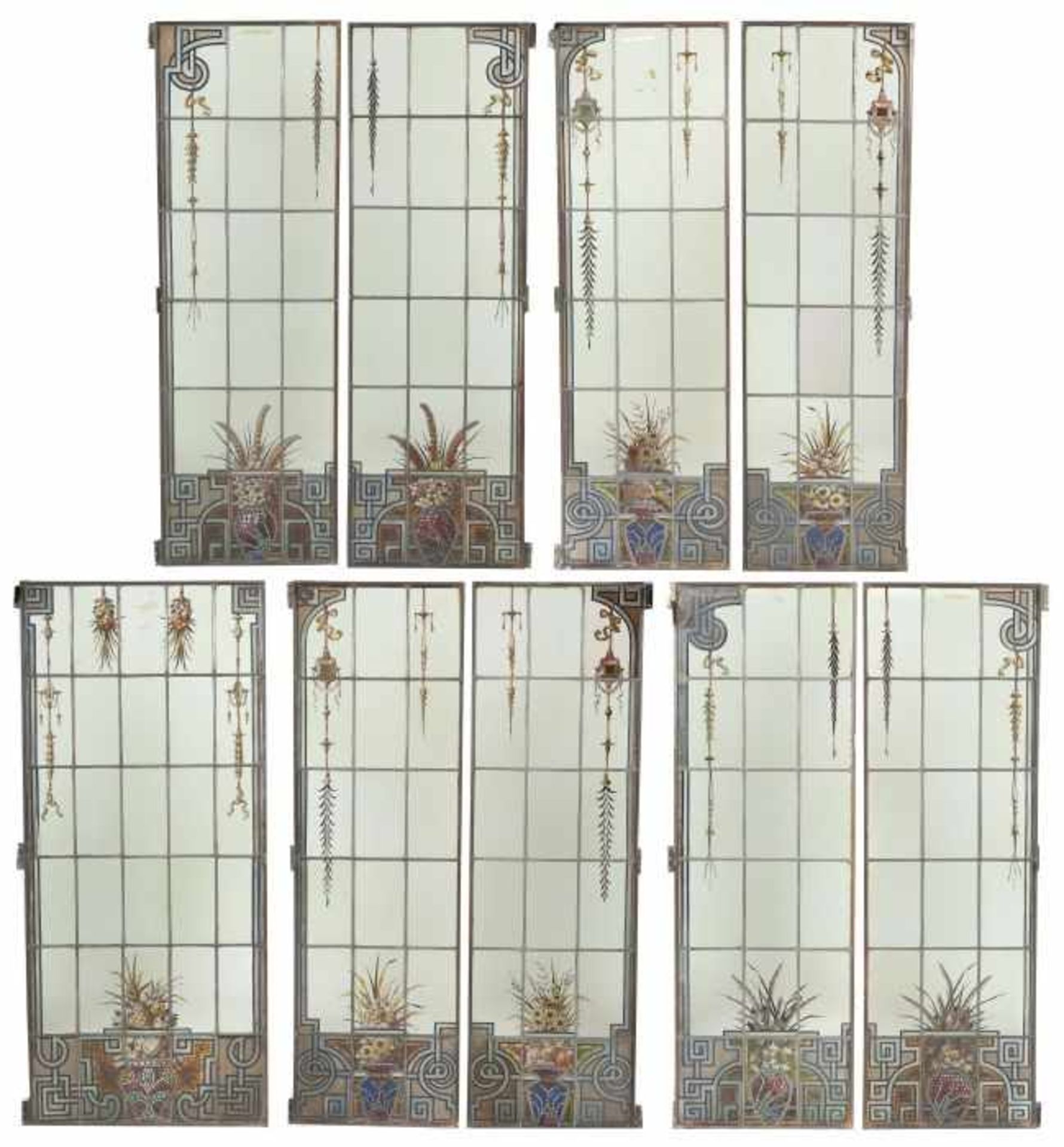 9 Bleiglasfensterwohl Frankreich, grünliches Glas, tlw. mit Schmelzfarben bemalt, 9 verschieden
