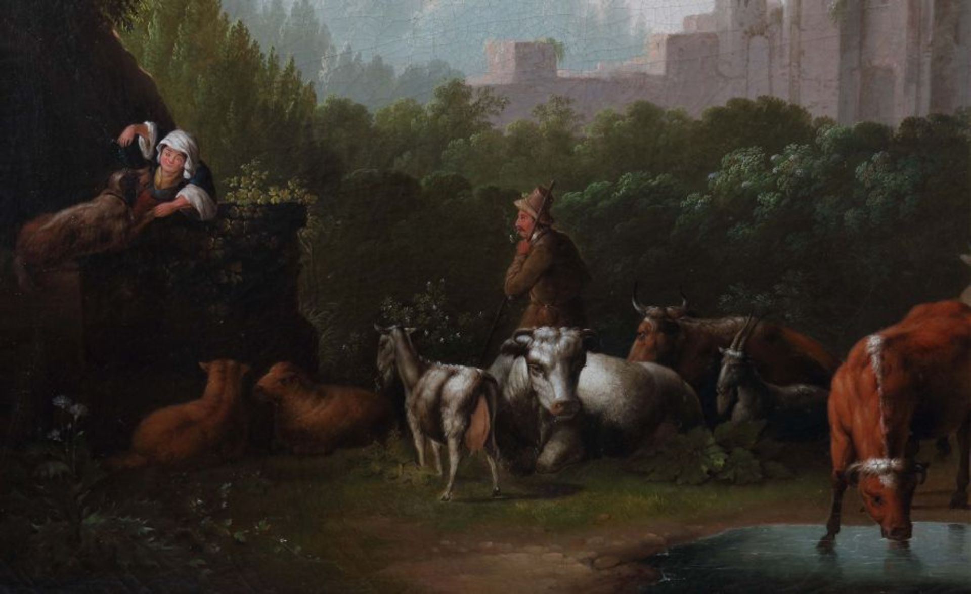 Genremaler des 19. Jh."Hirte", mit Schafen und Kühen, nebst mit einer mit einem Hund spielenden - Bild 3 aus 4