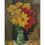 Maler des 20. Jh."Blumenstillleben", rote und gelbe Spätsommerblumen in einer Vase arrangiert,
