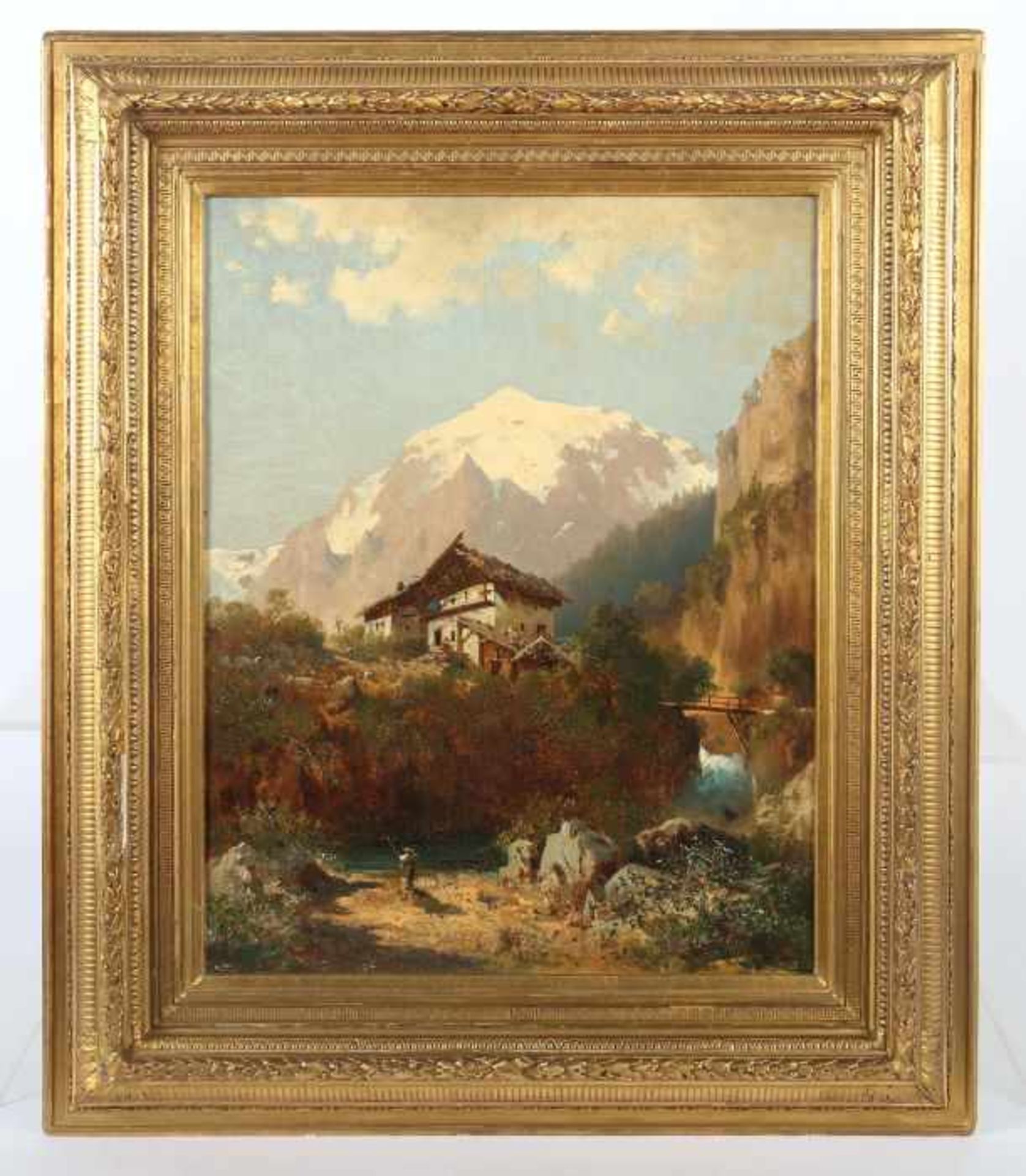 Landschaftsmaler des 19. Jh."Berglandschaft mit Reisendem", Blick auf ein gewaltiges Bergmassiv - Bild 2 aus 5