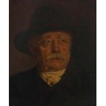 Bildnismaler des 19./20. Jh.Portrait "Otto von Bismarck" mit dunklem Mantel und Hut bekleidet, vor