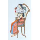 Unbekannter KünstlerIndien, 1. Drittel 20. Jh., Elfenbein/Gouache, part. Ziergold, auf einem Thron-
