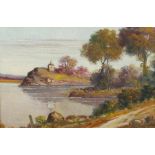 Maler des 20. Jh."Romantische Landschaft", herbstliche Szene mit einem See, Burg am Ufer, hinter den