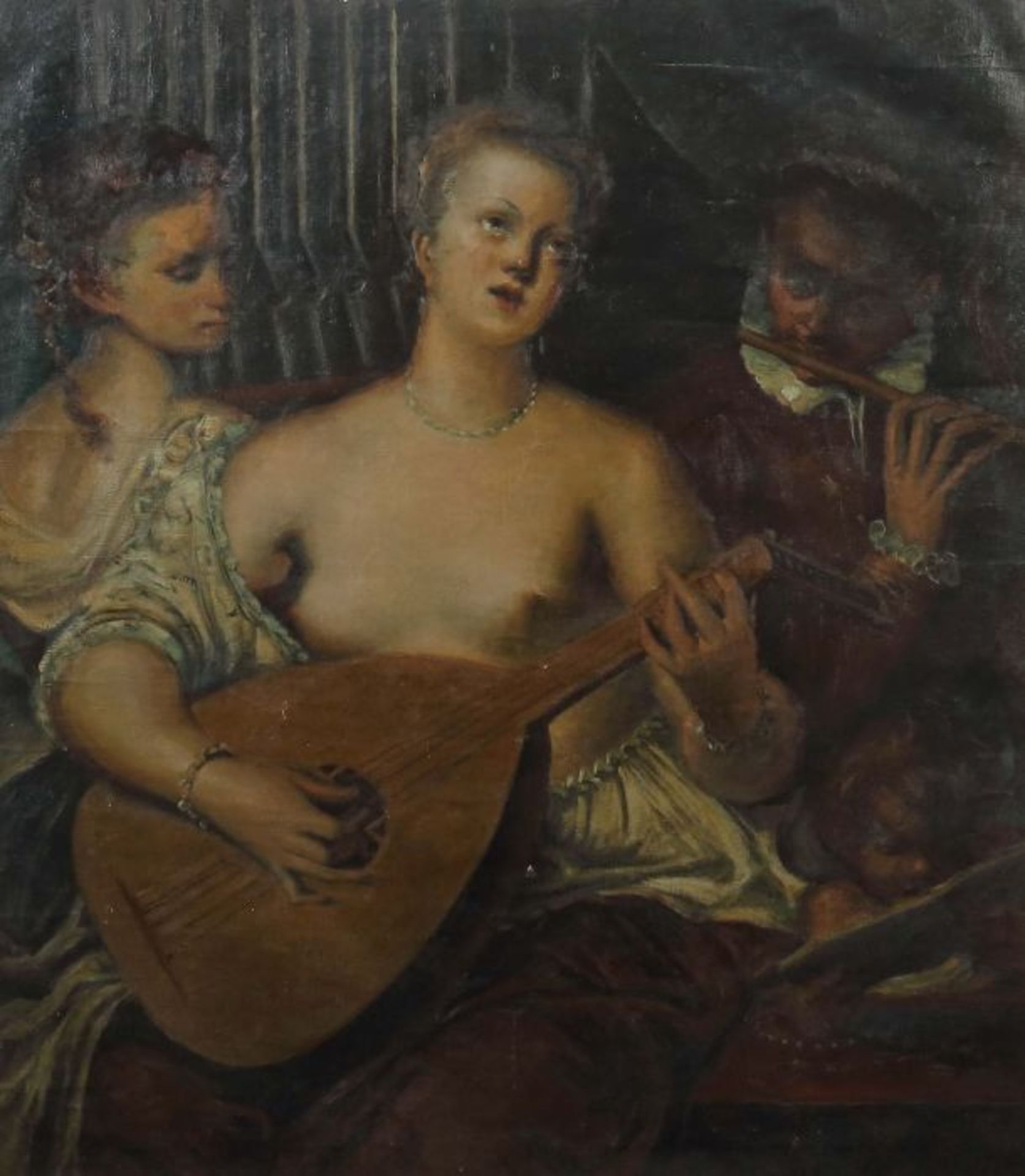 Maler des 19. Jh."Allegorie der Musik", barbusige Lautenspielerin, umgeben von zwei weiteren