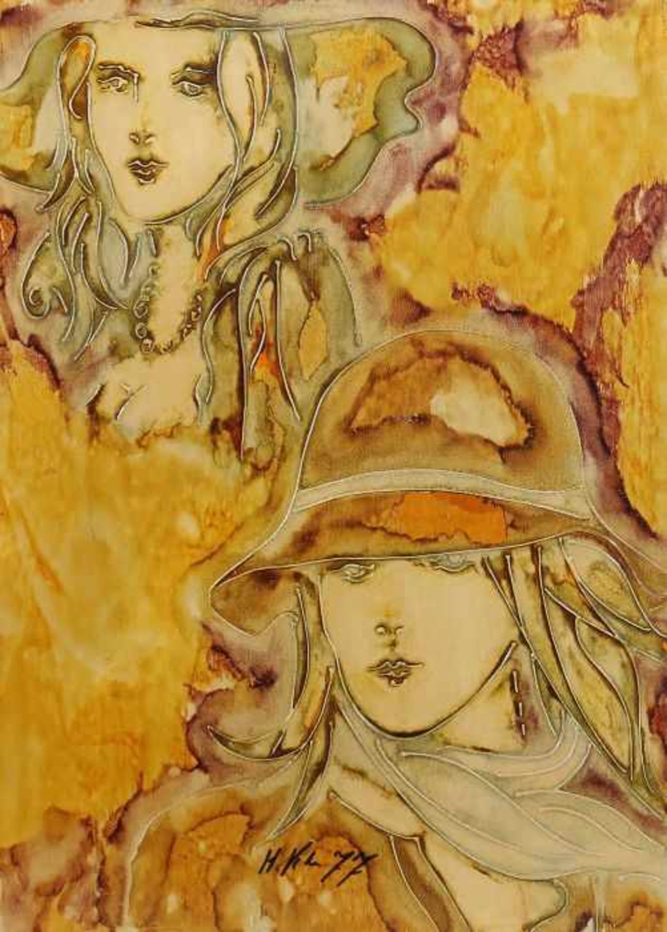 Maler des 20. Jh."Zwei Mädchen", stilisierte Darstellung der zwei Frauenköpfe mit Hut in Gelb,