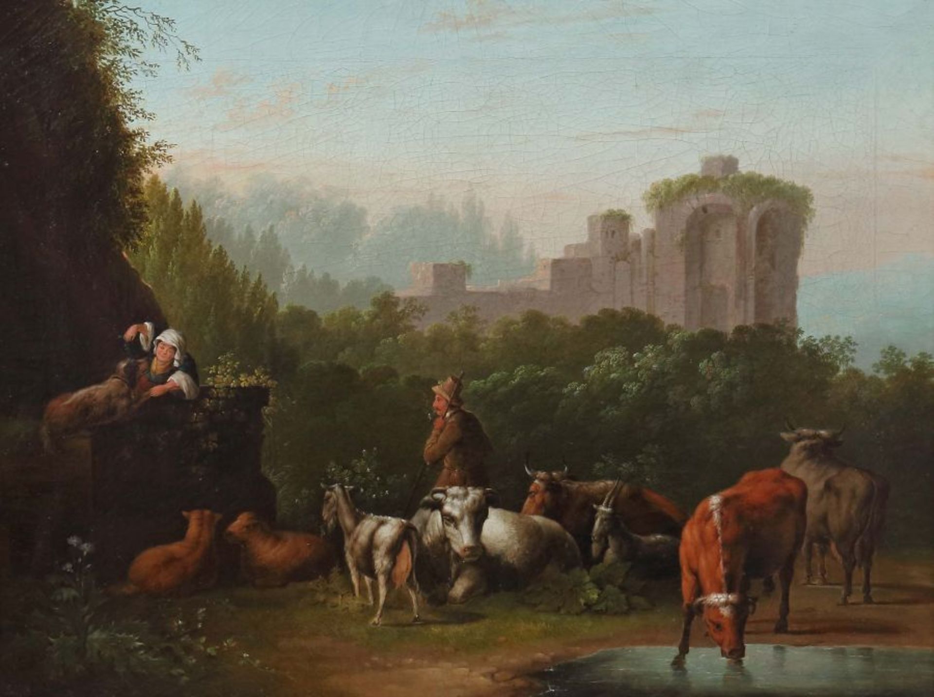 Genremaler des 19. Jh."Hirte", mit Schafen und Kühen, nebst mit einer mit einem Hund spielenden