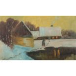 Maler des 20. Jh."Winterlandschaft", Blick auf verschneite Häuser am Waldessaum, Teich im