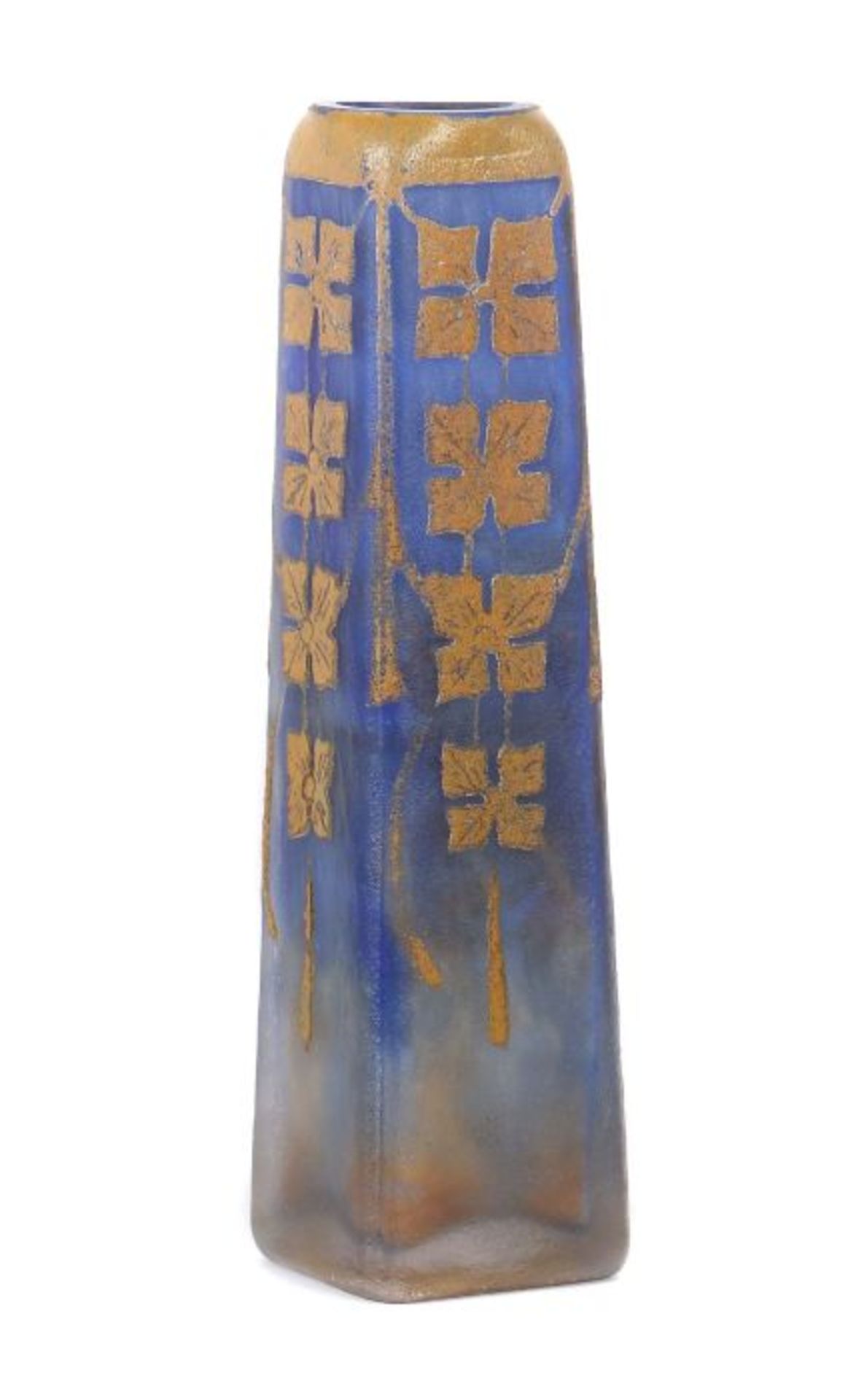 Kleine Art Déco-VaseFrankreich, 1920er/30er Jahre, farbloses Glas, formgepresst, blau unterfangen