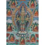Thangka des AvalokiteshvaraTibet/Nepal, Anfang/Mitte 20. Jh., Gouache/Leinen, zentrale Darstellung