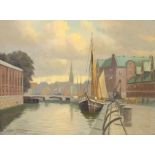 Maler des 20. Jh."Hafenstadt", Blick auf das Wasser mit den driftenden Booten und den anliegenden