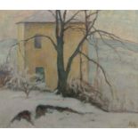 Strich-Chapell, WalterStuttgart 1877 - 1960 Sersheim. "Haus im Winter", gelbes Haus hinter einem