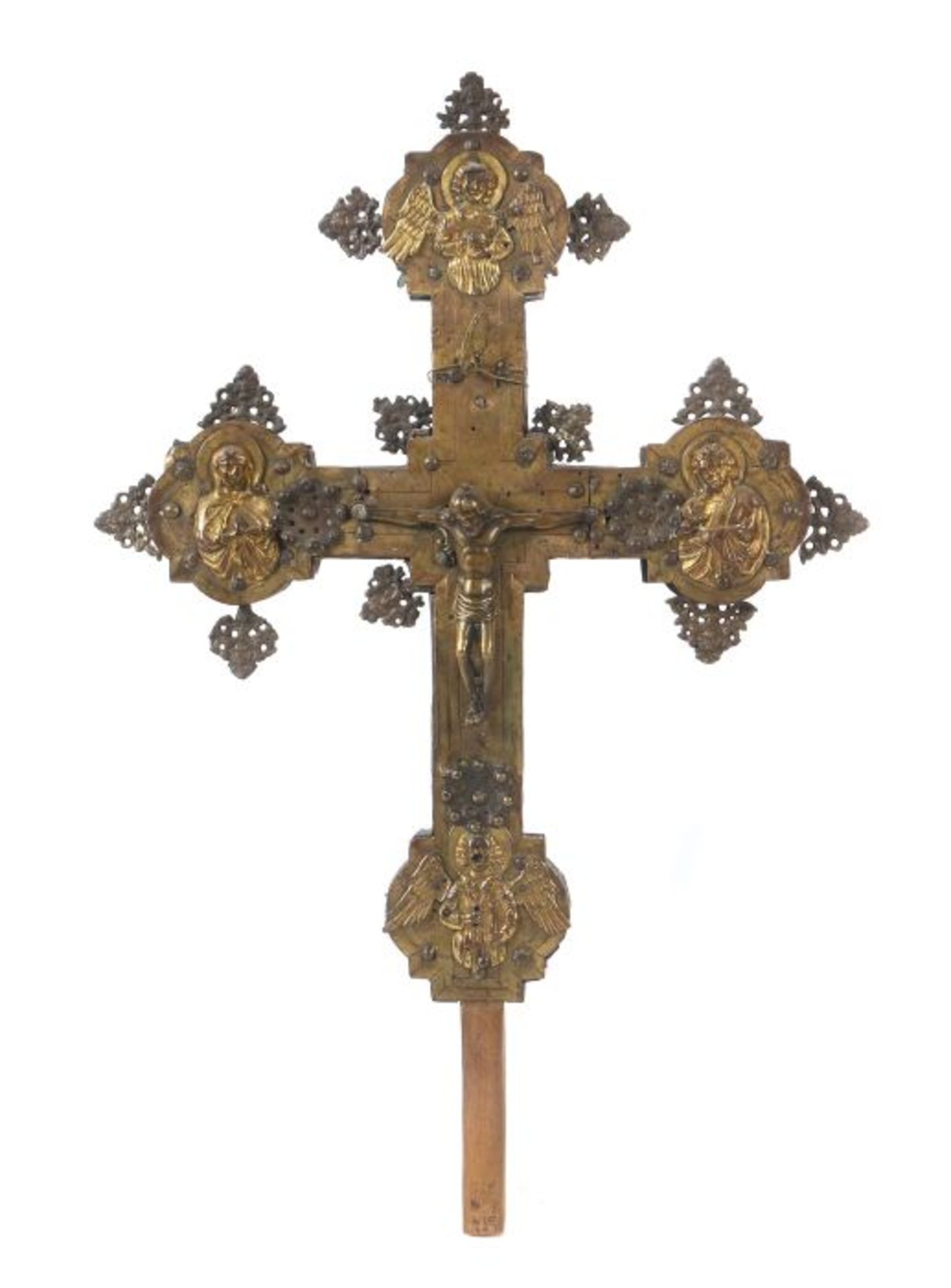 Vortragekreuz18./19. Jh., Holzkreuz mit passigen Balkenende, beidseitig belegt durch