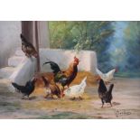 Maler des 20. Jh."Hühner mit Hahn", freilaufend auf einem Hof, unten rechts sign. "Deeboes (?)",