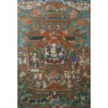 Thangka der Padmapanisino-tibetisch, 1. Hälfte 20. Jh., Gouache/Leinen, zentrale Darstellung der