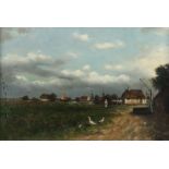 Maler des 20. Jh."Gänsemagd", zwei Bäuerinnen, nebst Gänsen in einer niederländischen Landschaft,