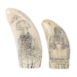 2 Scrimshaws20. Jh., Kunstguss in Walzahlform, 1x mit Brustbildnis Napoleons bzw.