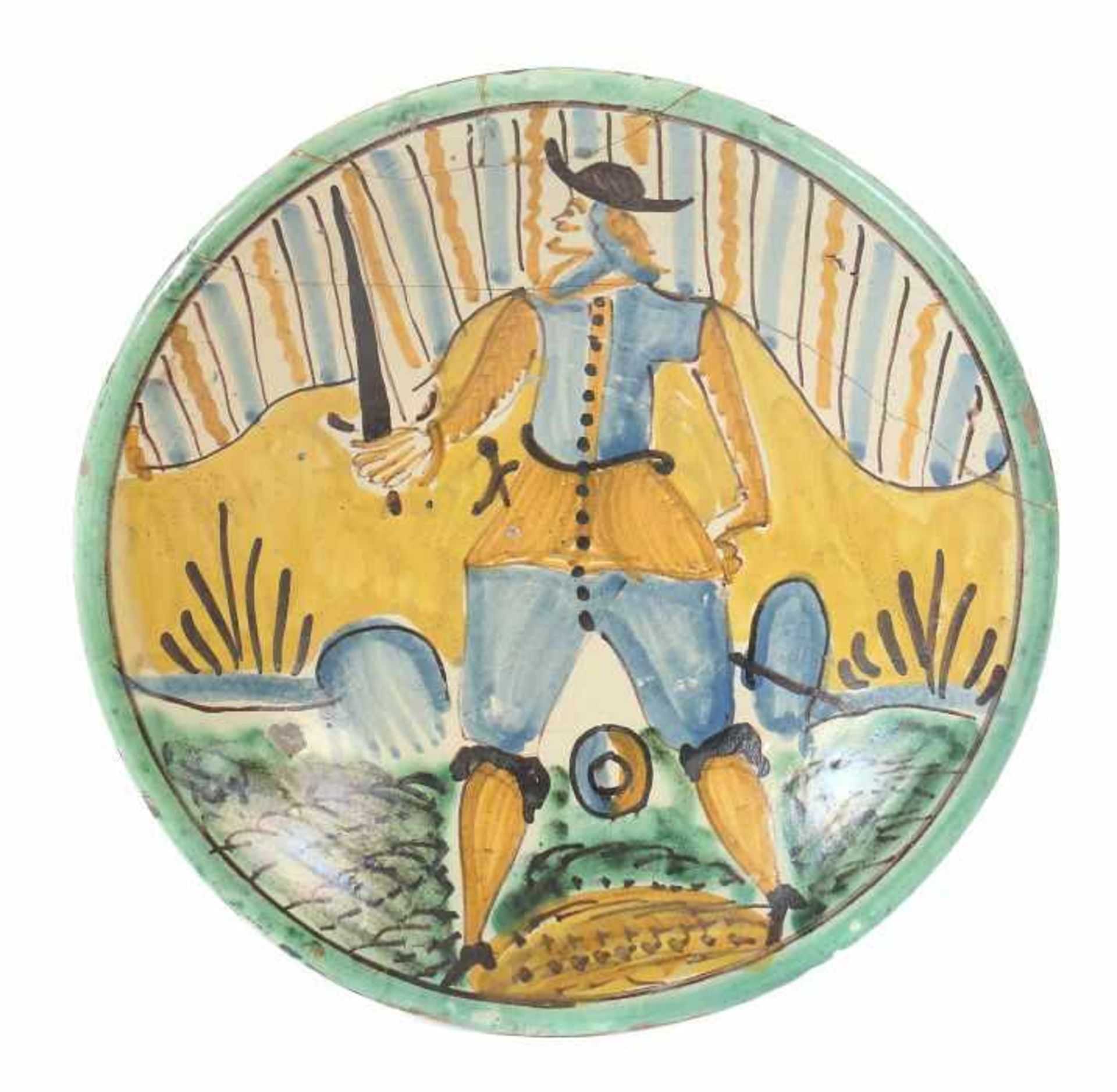 Majolikateller mit SoldatendarstellungMontelupo, um 1620-40, rötlich-beiger Scherben, hell glasiert,