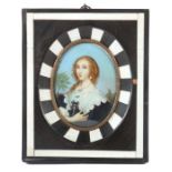 Miniaturenmaler des 19. Jh."Bildnis einer eleganten Dame", bekleidet mit dunkelblauem Samtkleid,