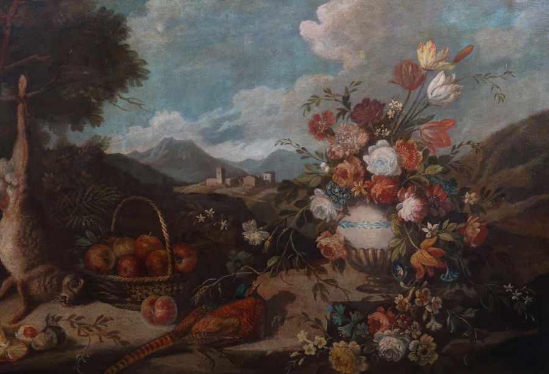 Maler des 17./18 Jh.wohl italienische Schule. "Stillleben in Landschaft", Rosen in einer Vase, - Bild 4 aus 5