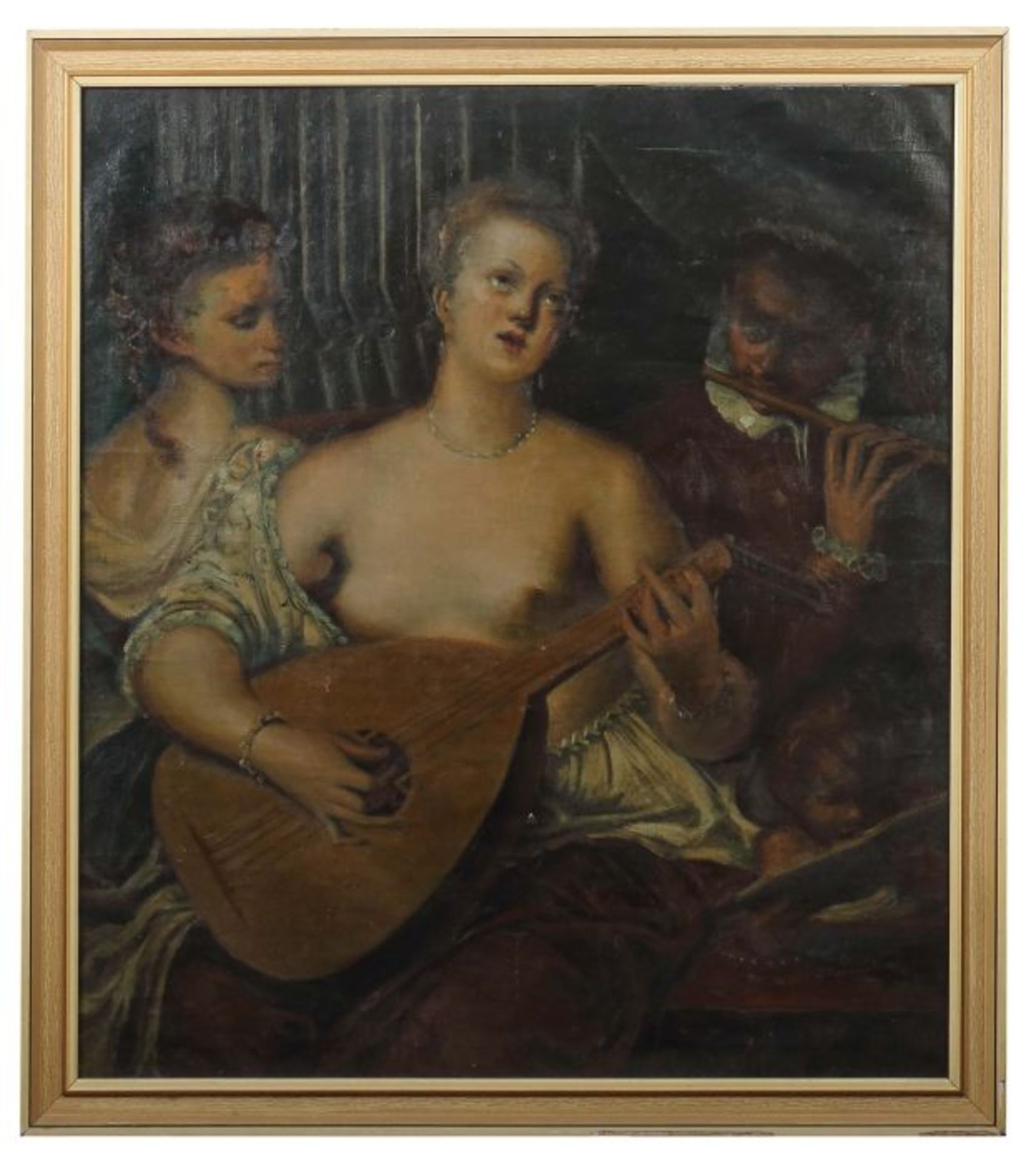 Maler des 19. Jh."Allegorie der Musik", barbusige Lautenspielerin, umgeben von zwei weiteren - Bild 2 aus 3