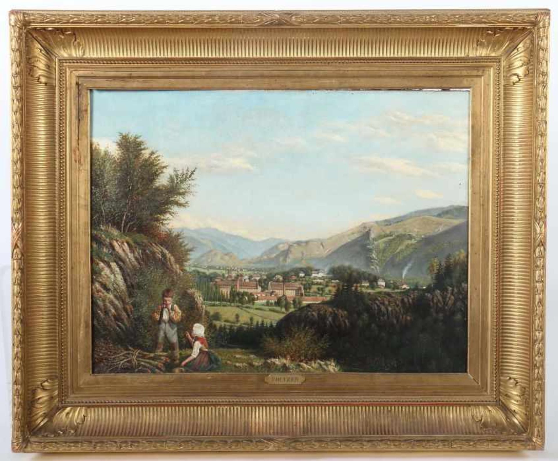 Maler des 19. Jh."Kinder vor Landschaft", Blick auf eine idyllische Stadt in den Bergen, im - Bild 2 aus 4