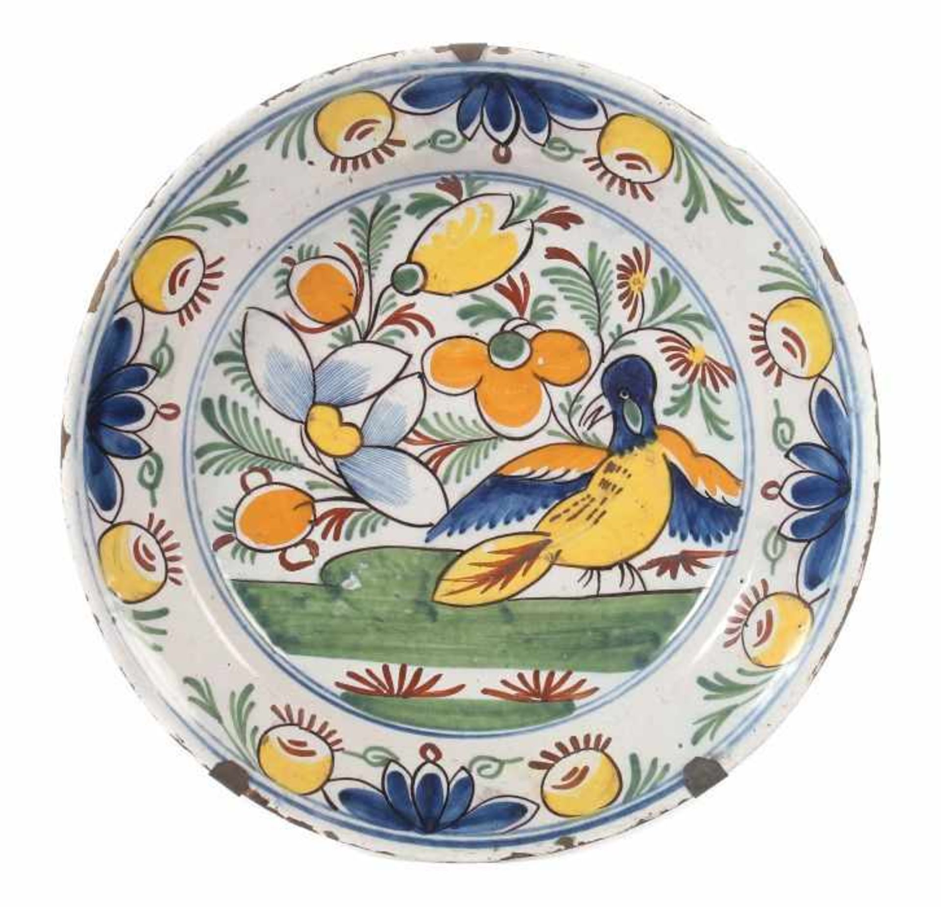 Fayenceteller mit Vogelmalereiwohl Delft, 17./18. Jh., beiger Scherben, weiße Zinnglasur, polychrome