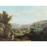 Maler des 19. Jh."Kinder vor Landschaft", Blick auf eine idyllische Stadt in den Bergen, im