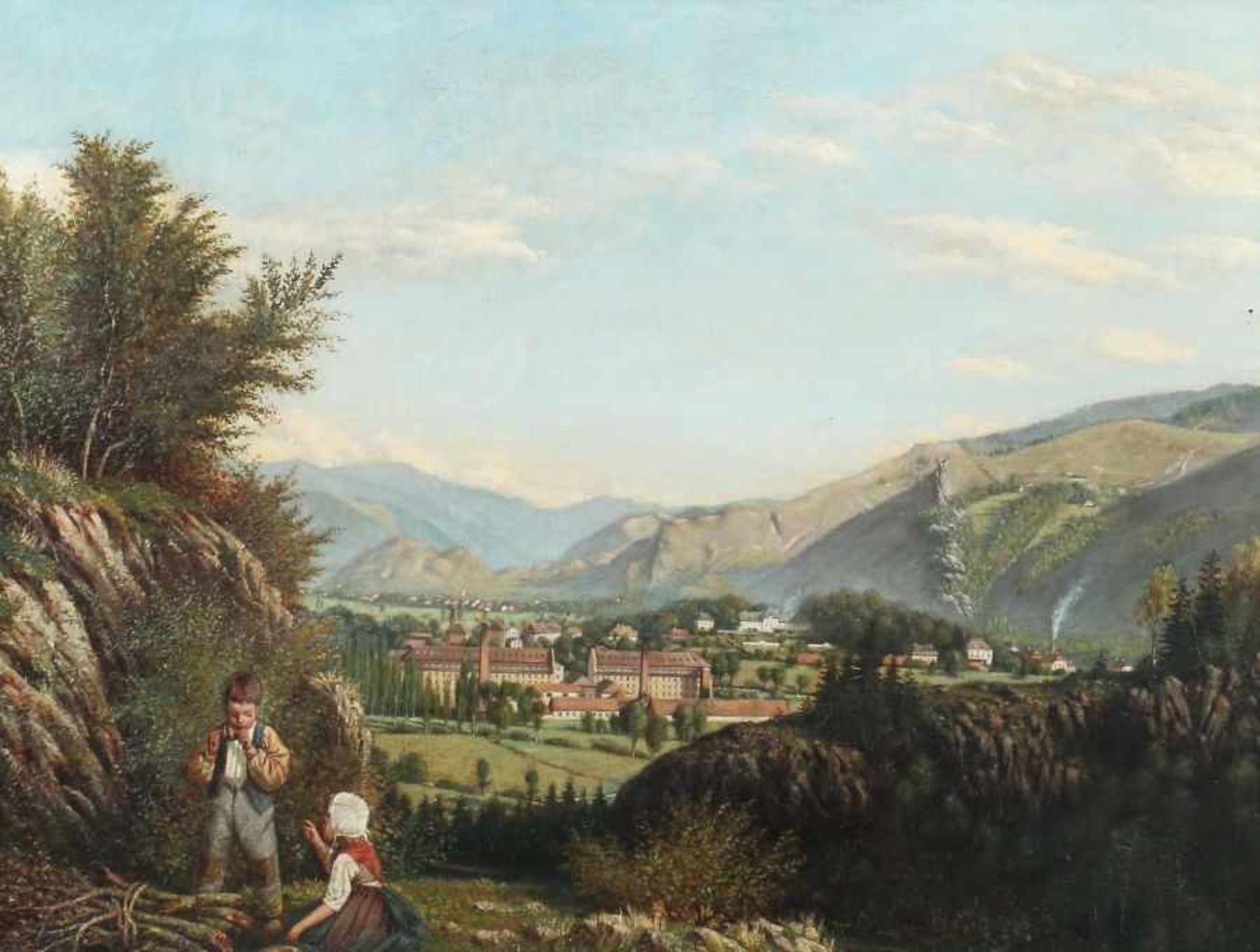 Maler des 19. Jh."Kinder vor Landschaft", Blick auf eine idyllische Stadt in den Bergen, im