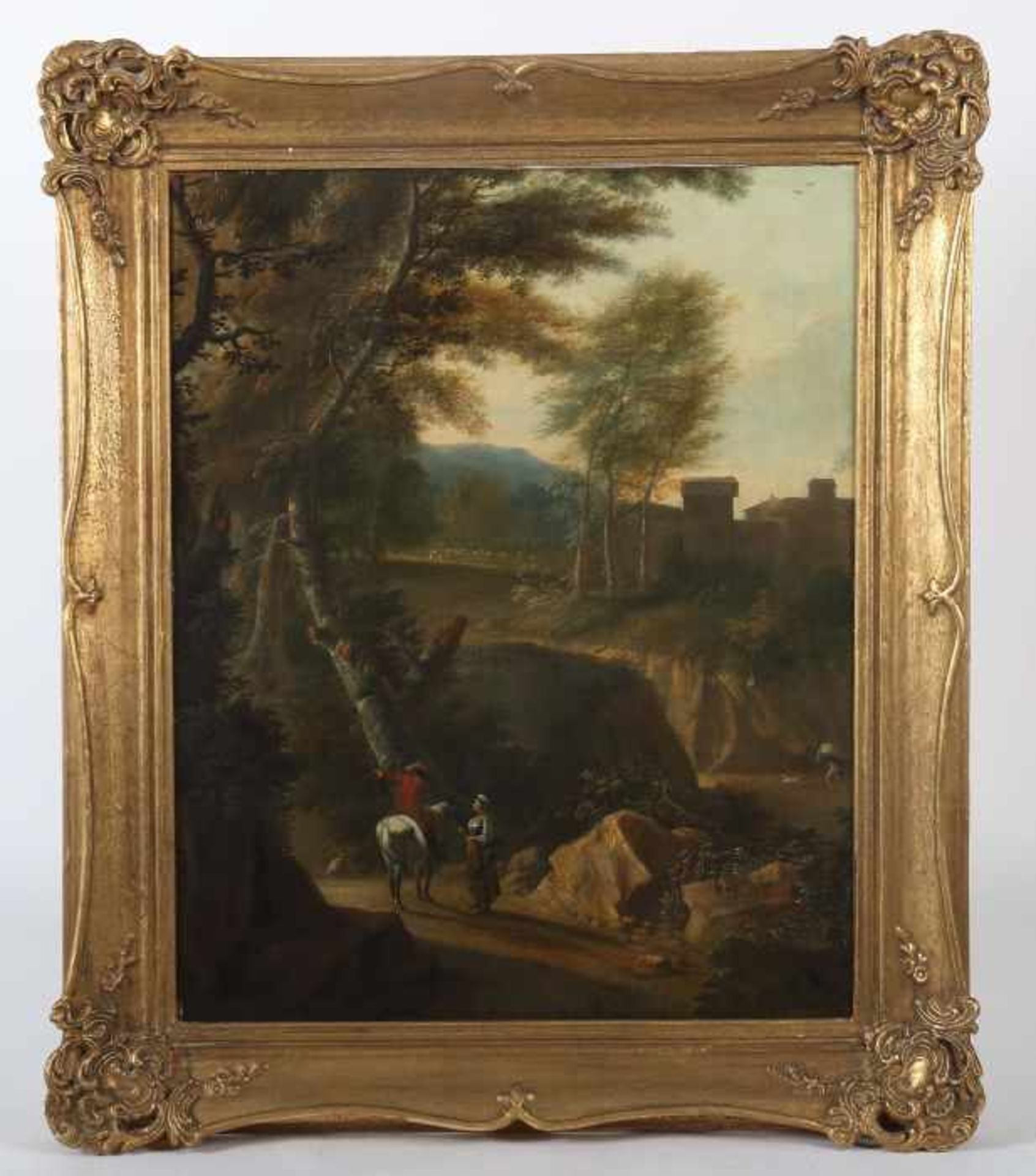 Maler des 18. Jh."Landschaft mit Figurenstaffage", Darstellung mit Bäumen, Architektur und Bergen - Bild 2 aus 3