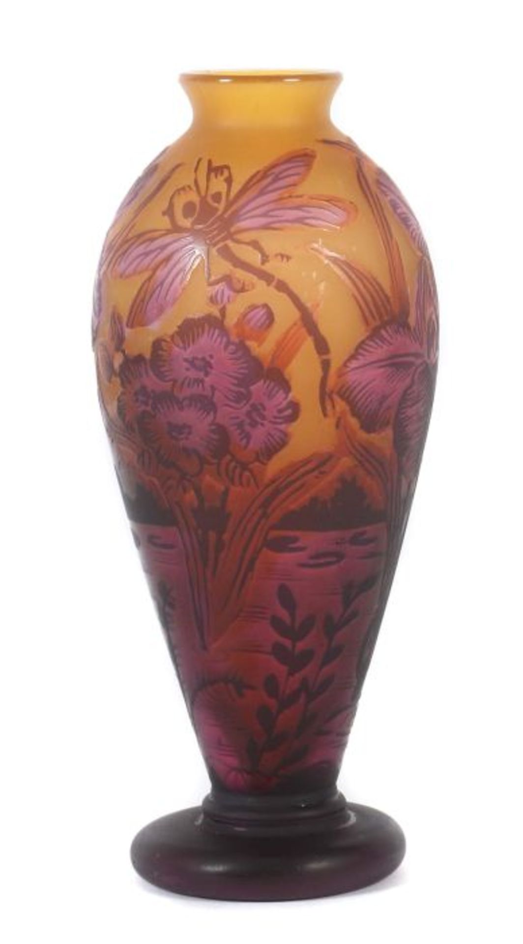 Vase mit Libellendekorwohl Émile Gallé, Nancy, 1900/1910, farbloses Glas formgeblasen, gelb und
