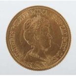 Goldmünze 10 GuldenNiederlande, 1911, ca. 6,75 g, averse mit Seitenprofil der Königin Wilhelmina,