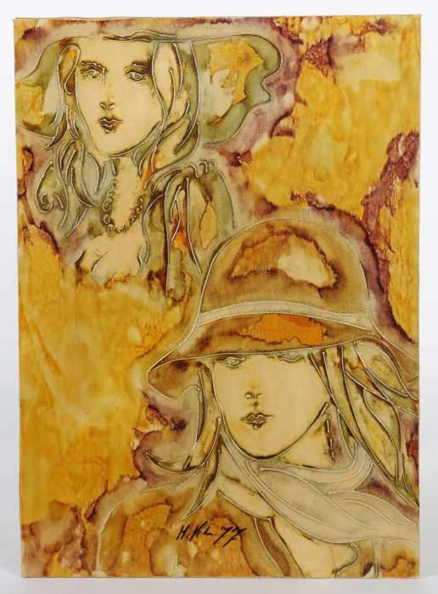 Maler des 20. Jh."Zwei Mädchen", stilisierte Darstellung der zwei Frauenköpfe mit Hut in Gelb, - Bild 2 aus 3