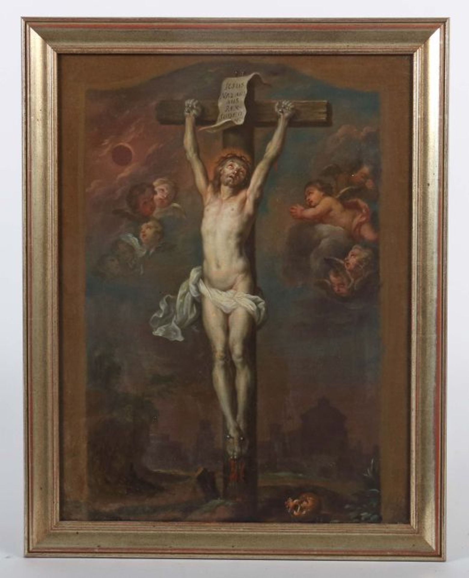 Kirchenmaler des 18. Jh."Christus am Kreuz", in Golgatha-Landschaft mit Jerusalem im Hintergrund, in - Bild 2 aus 7