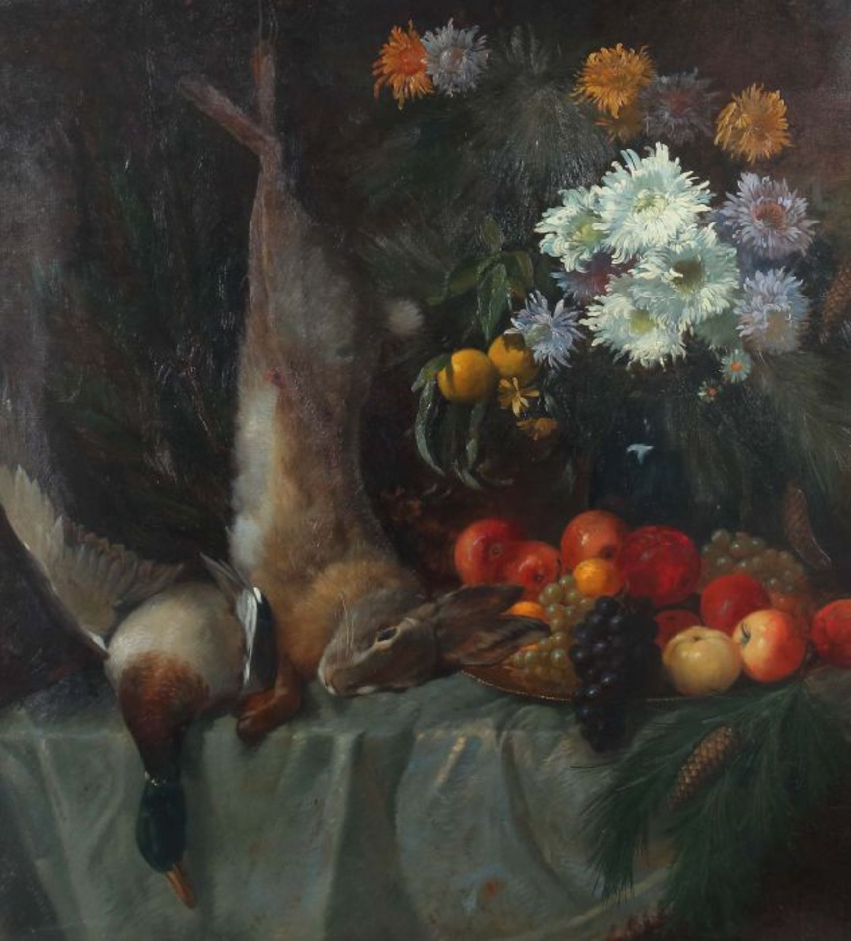 Schulze, Hans Rudolf1870 - 1951, deutscher Maler. "Jagdstillleben", erlegter Hase und Ente, neben