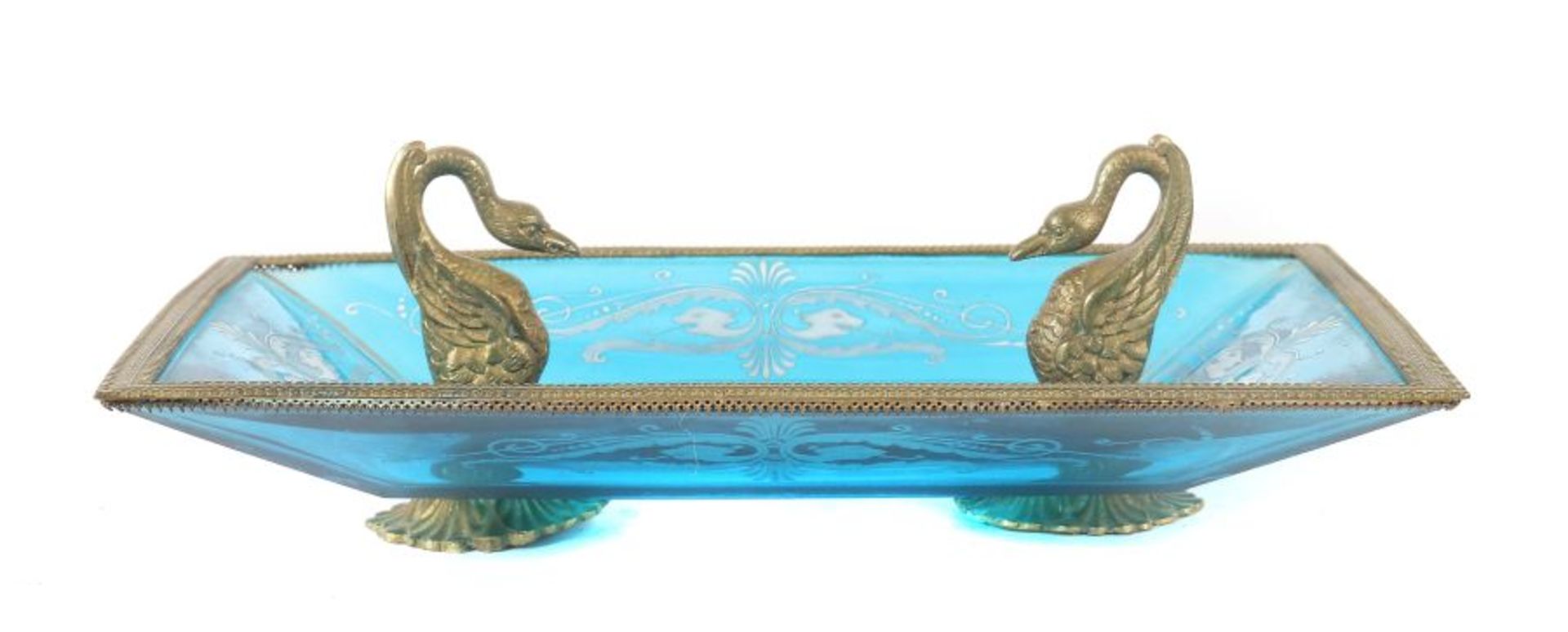 Schale im Empire-Stilum 1900, aquamarinfarbenes Glas, rechteckige Schale mit leicht ansteigender