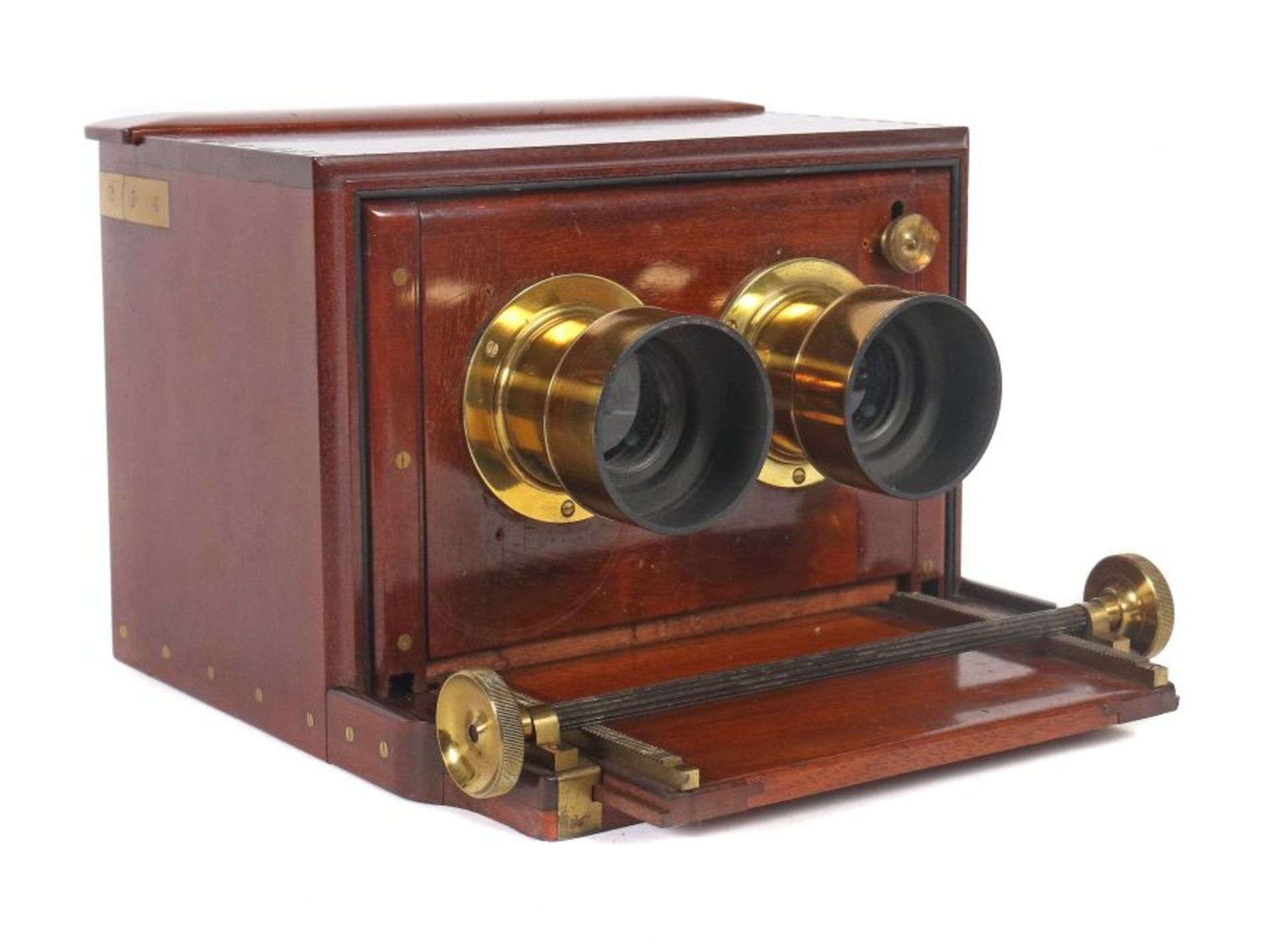 Seltene Schiebekasten-StereokameraJ. H. Dallmeyer, London, um 1860/70, Mahaghonigehäuse mit