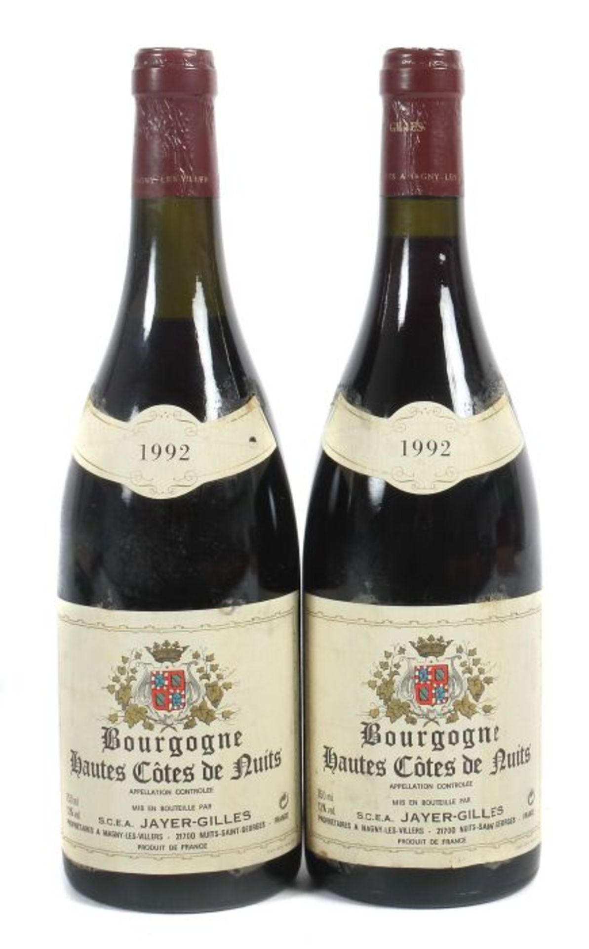 2 Flaschen Bourgogne "Hautes Côtes de Nuits"S.C.E.A. Jayer-Gilles, 1992er JG, 13% vol., je 0,75 l,