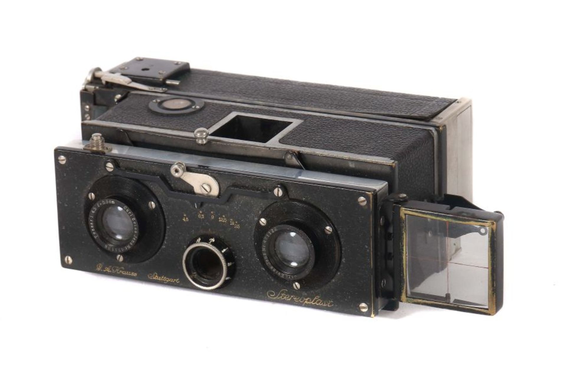 Stereokamera "Stereoplast"G.A. Krauss, Stuttgart, um 1920, Magazin für Platten 45x107 mm, Objektive: