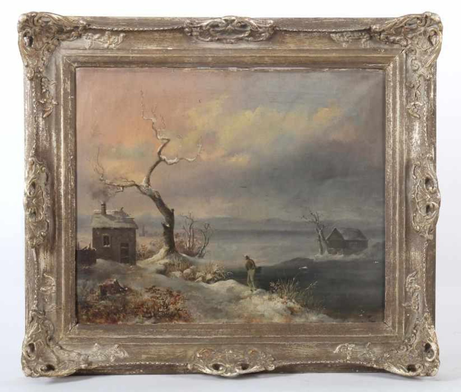 Österreichischer Maler des 19. Jh."Wanderer", in Richtung einer Hütte gehend, in verschneiter - Bild 2 aus 3