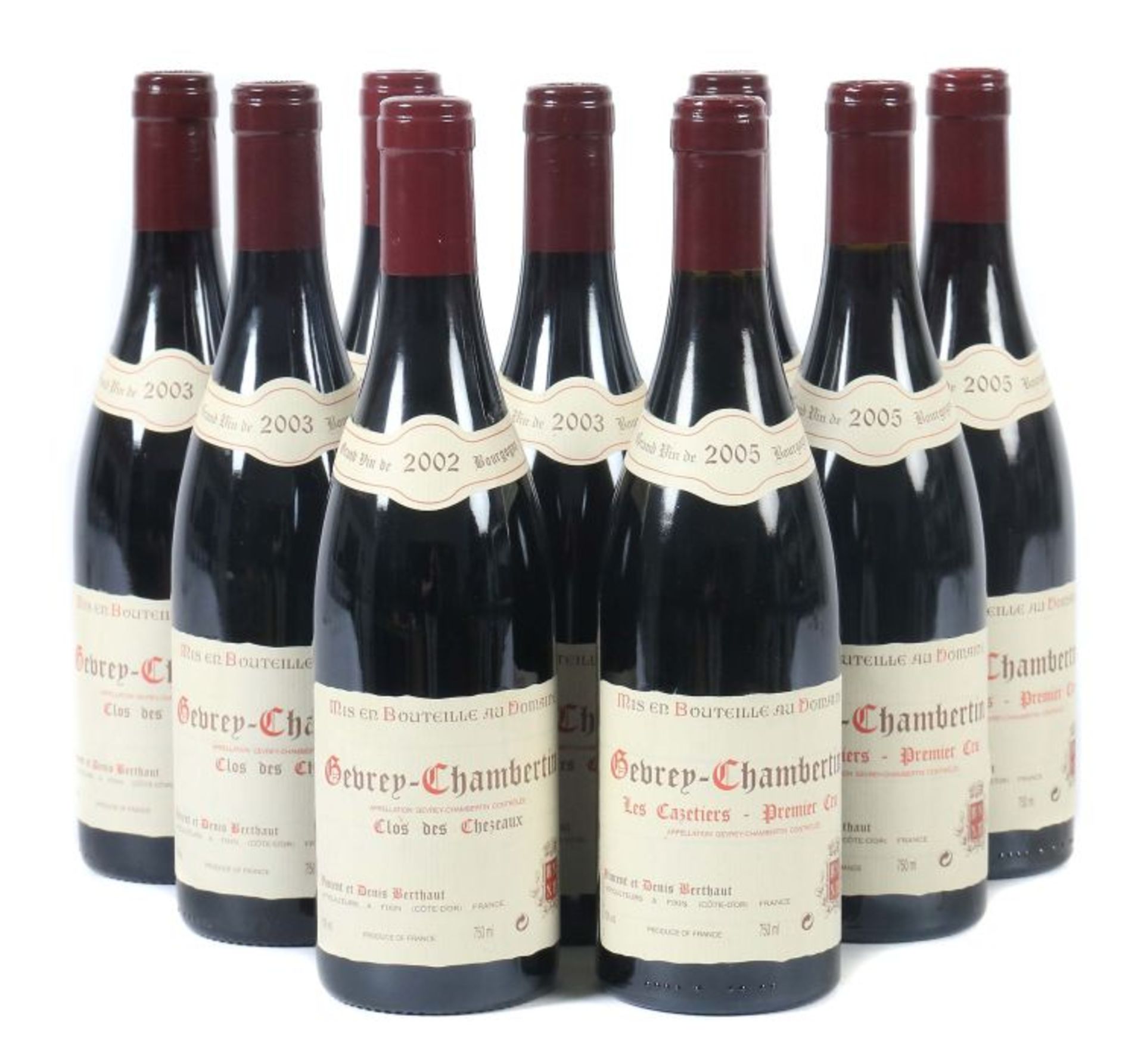 9 Flaschen Gevrey-Chambertinbest. aus: 6 Flaschen "Clos des Chezeaux", Vincent et Denis Berthaut,