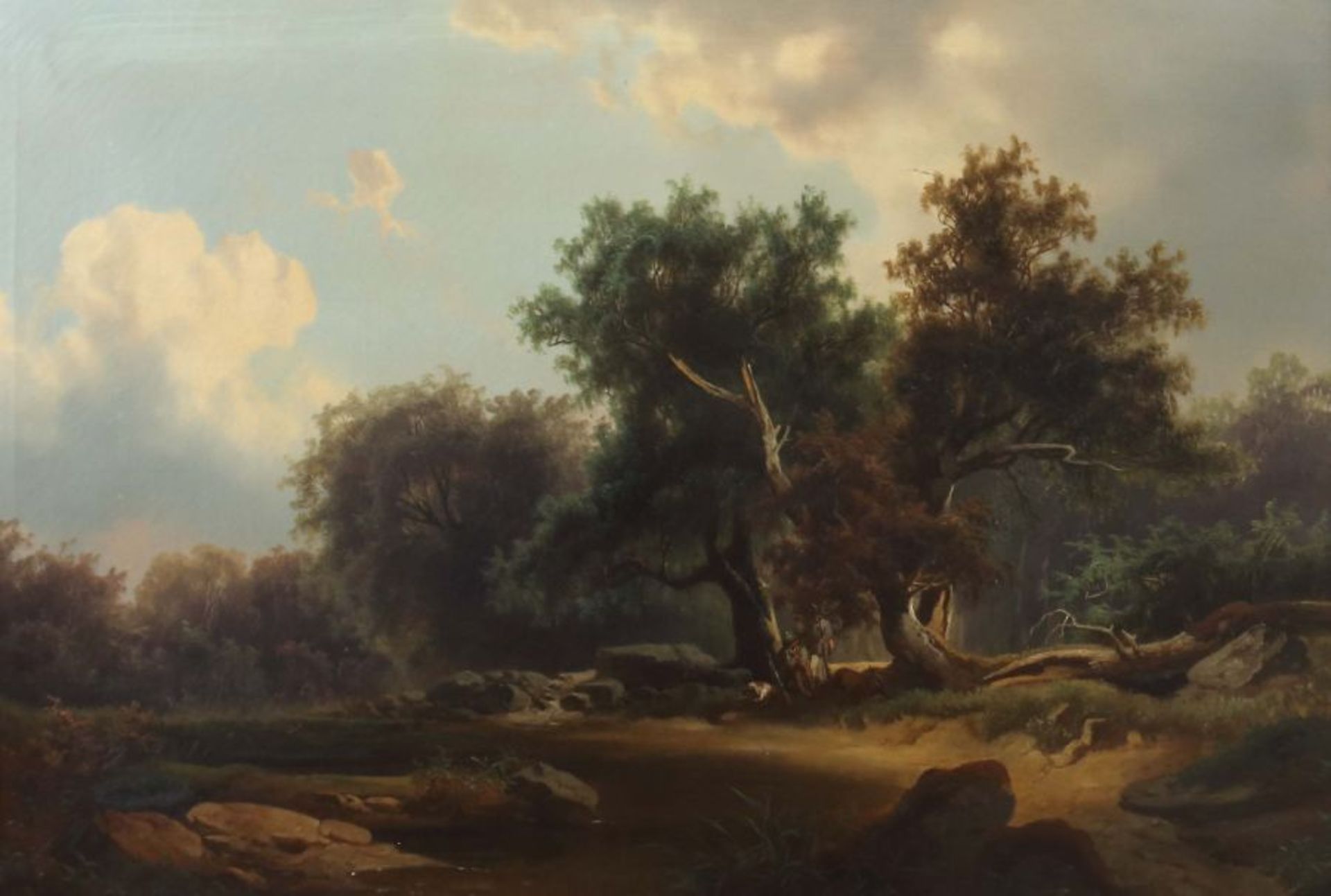 Landschaftsmaler des 19. Jh."Jäger am Bach", unter knorrigen alten Bäumen am Ufer eines Bachs