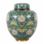 DeckelvaseChina, 20. Jh., Cloisonné/Messing, bauchige Vase mit kurzem Hals, darüber passiger,