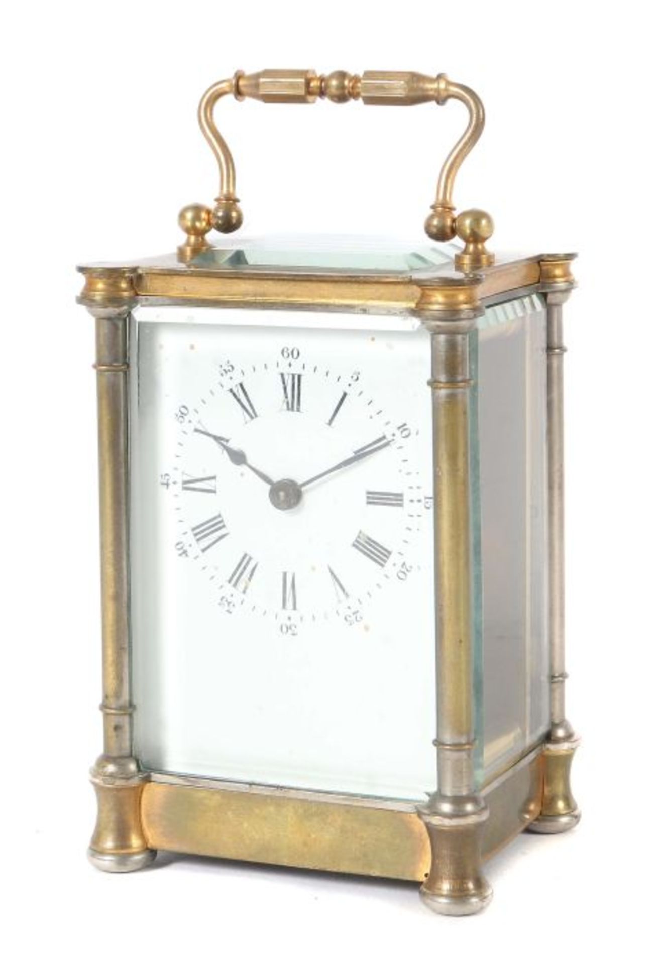 Reiseuhr mit Lederetuium 1900, Zifferblatt mit römischen Stunden und arabischen Minuten, Platine