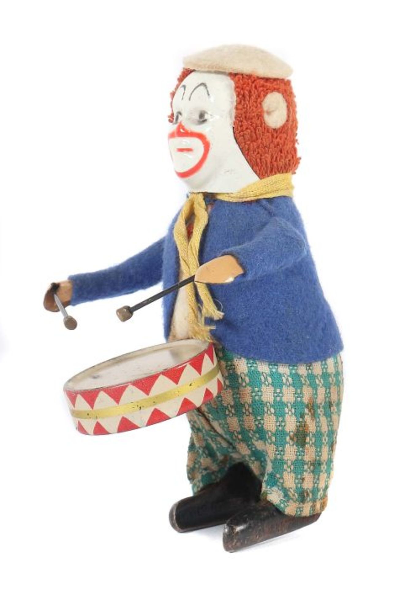 TanzclownSchuco, Nr. 986/1, 1936, Clown mit Trommel, Kleidung mit Kappe in Wollfilz