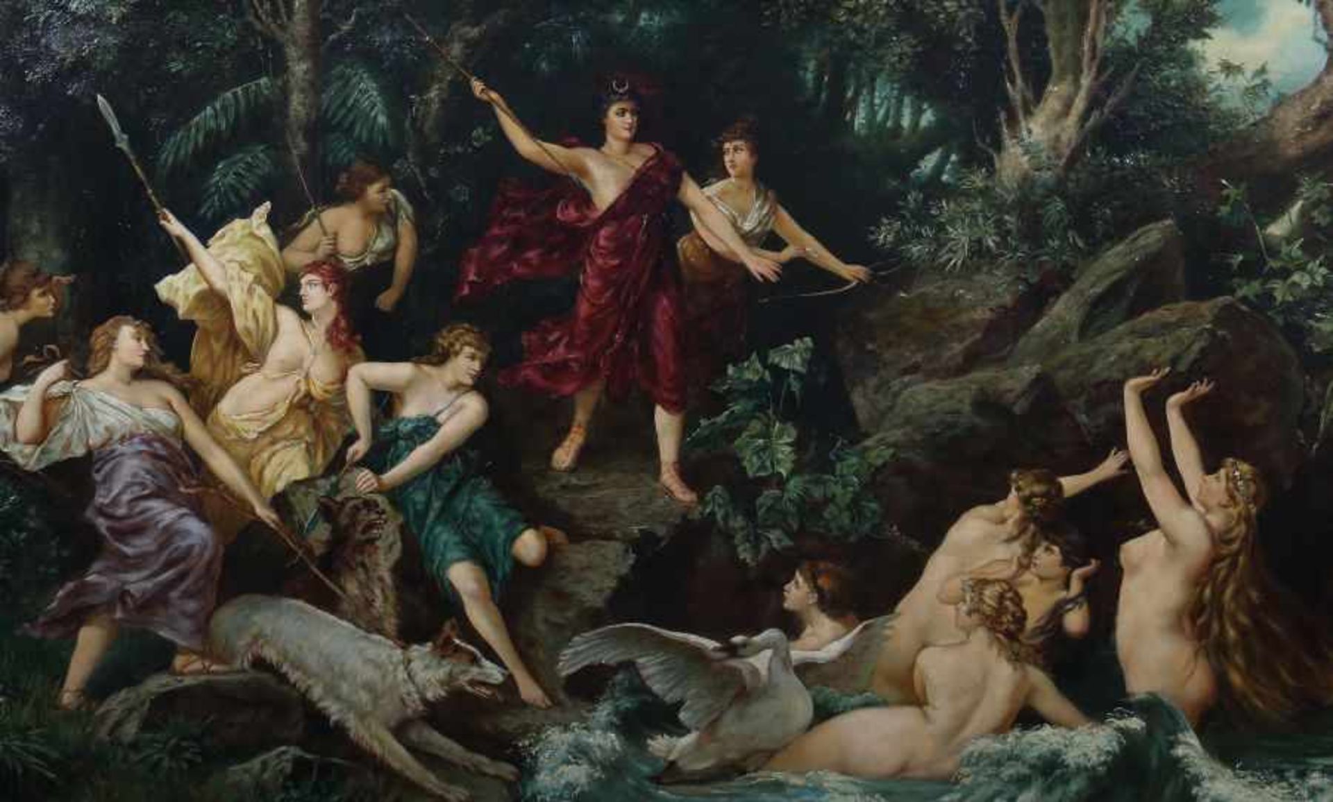 Maler des 19. Jh."Diana und ihr Gefolge", Darstellung der antiken Göttinnen am See mit Jagdhund - Bild 3 aus 5