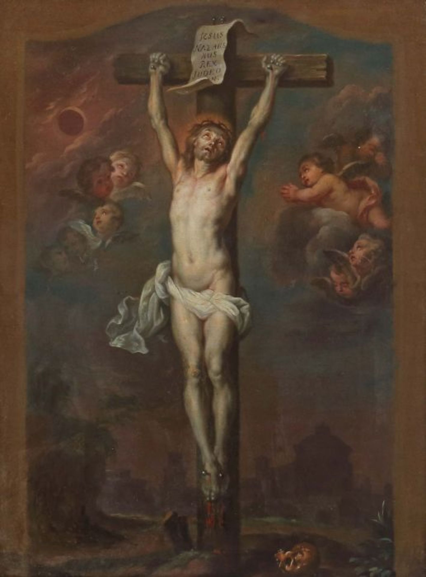 Kirchenmaler des 18. Jh."Christus am Kreuz", in Golgatha-Landschaft mit Jerusalem im Hintergrund, in