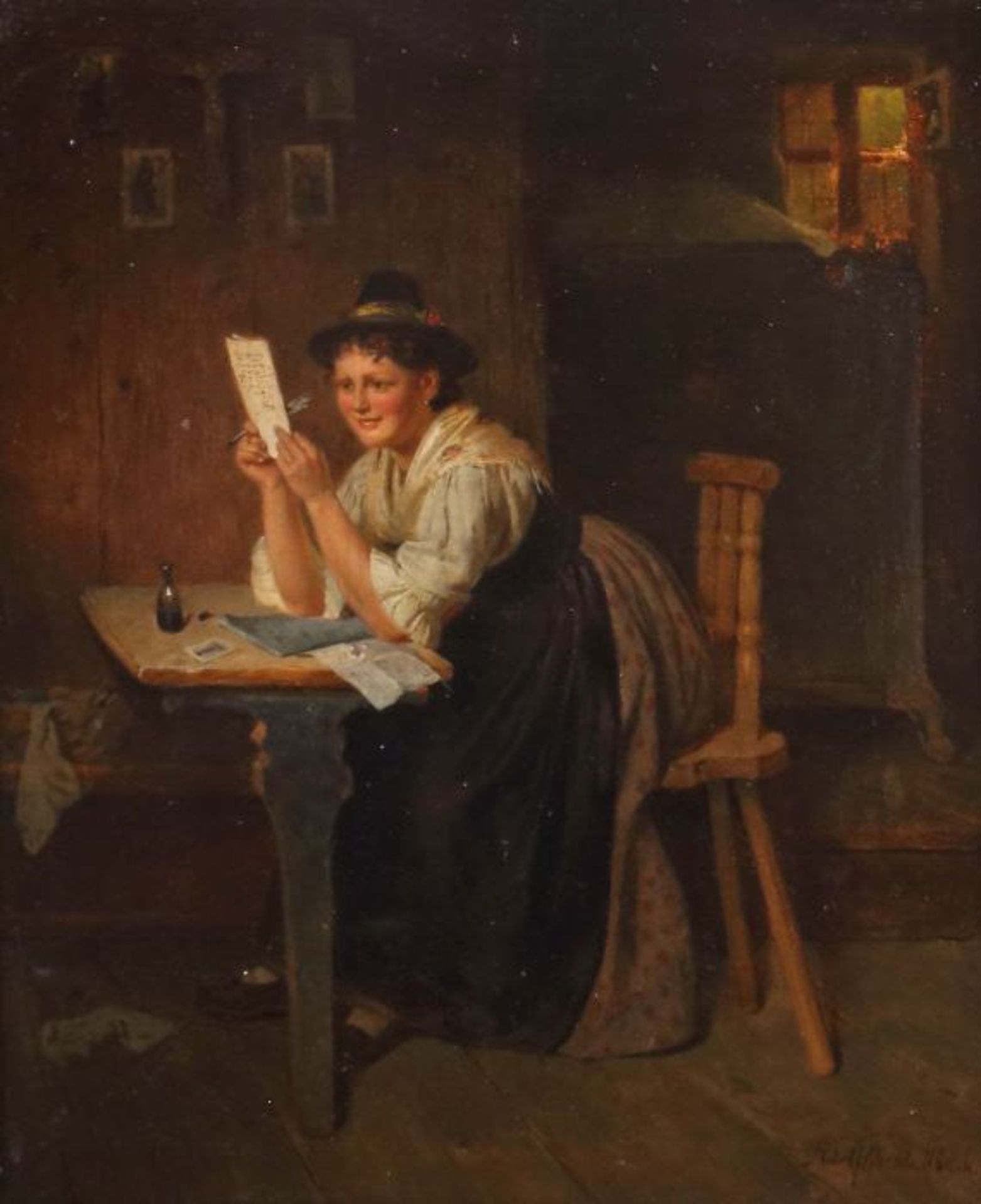 Eberle, AdolfMünchen 1843 - 1914 ebenda, deutscher Maler. "Der gelungene Brief", Interieurszene