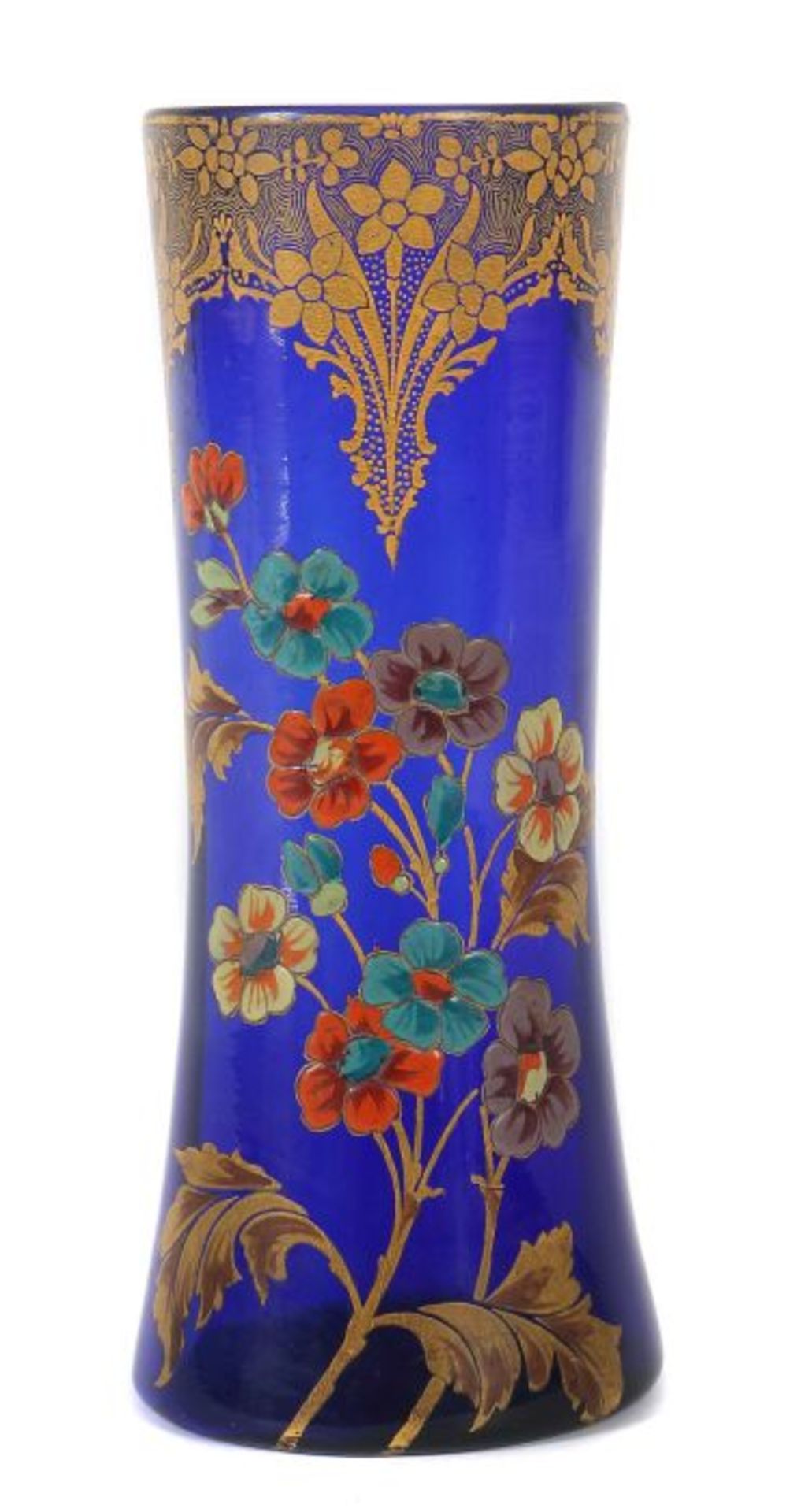 Vase mit Emaillemalerei19./20. Jh., blaues Glas, formgeblasen, goldstaffierte Emaillemalerei, leicht