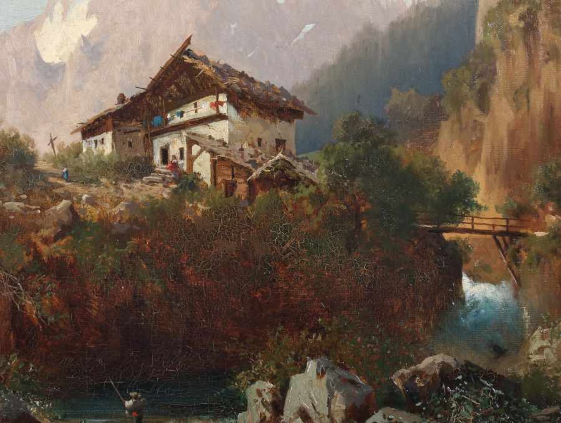 Landschaftsmaler des 19. Jh."Berglandschaft mit Reisendem", Blick auf ein gewaltiges Bergmassiv - Bild 4 aus 5