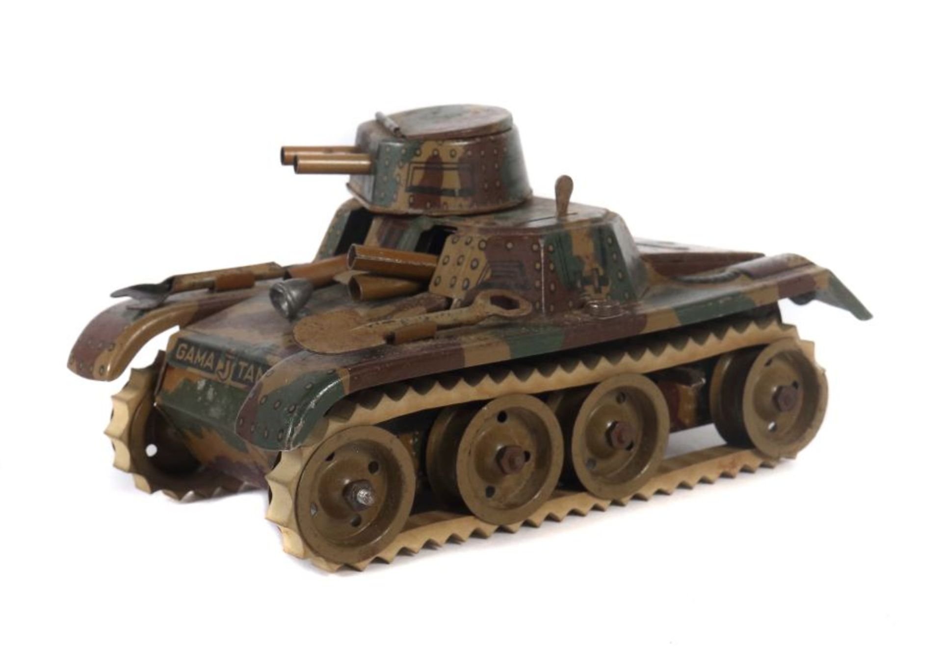 PanzerGAMA, Montage Tank, Nr. (2)60, ca. 1937-40, Blech, mimikry, weiße Ketten, Uhrwerkantrieb,